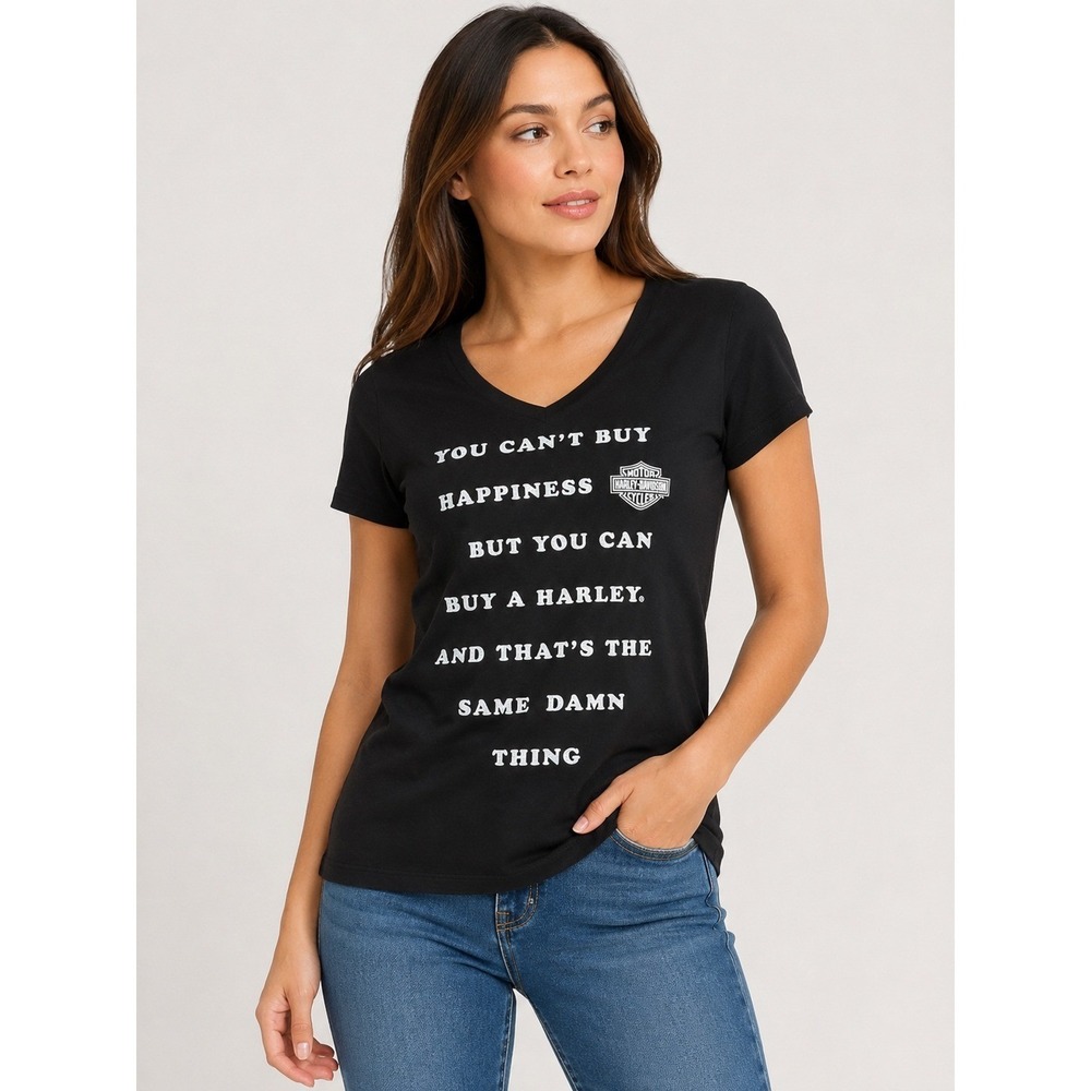 Harley-Davidson Womens Black V-Neck Graphic T-Shirt Happiness Slogan Size M